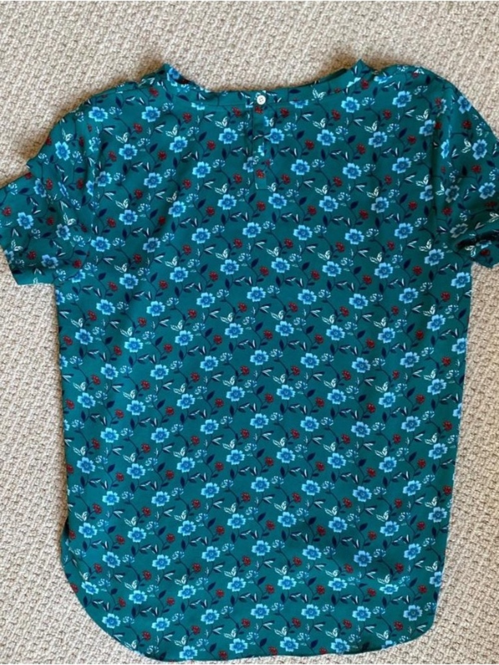 LOFT Green Floral Short Sleeve Top with Blue & Burgundy Accents - Picture 2 of 3